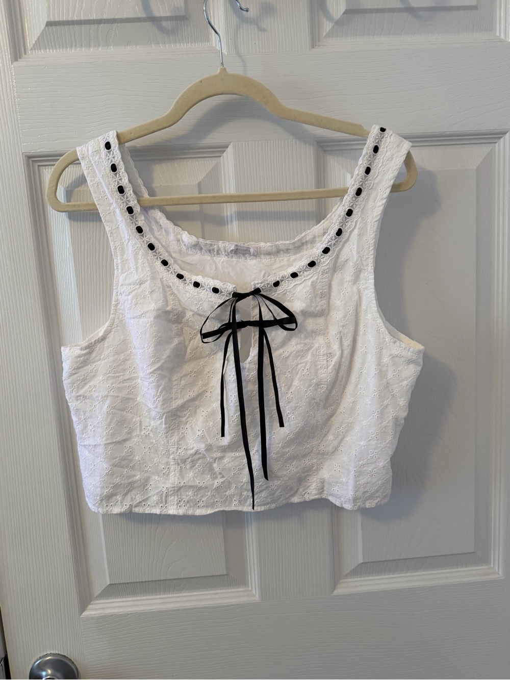 Cotton On White Eyelet Crop Top with Black Ribbon